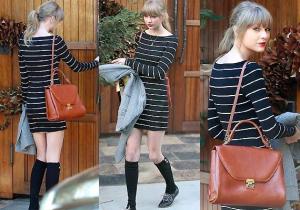 … or horizontal dress with knee socks and sneakers on the same colors. Leather bags and bags are designed with vintage colors like green, brown an red that is the key feature to brings classic style for Taylor Swift.